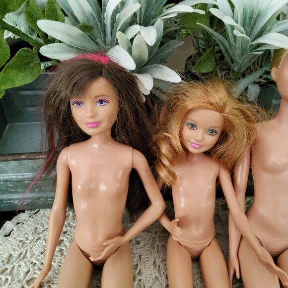 Mattel Barbie Doll Set of 3 Lot Barbie Skipper Stacie Pink Hair No Clothes - Picture 2 of 9